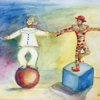 "Pierrot e Alerquim Fazem as Pazes" – aquarela – quadro original com moldura e vidro